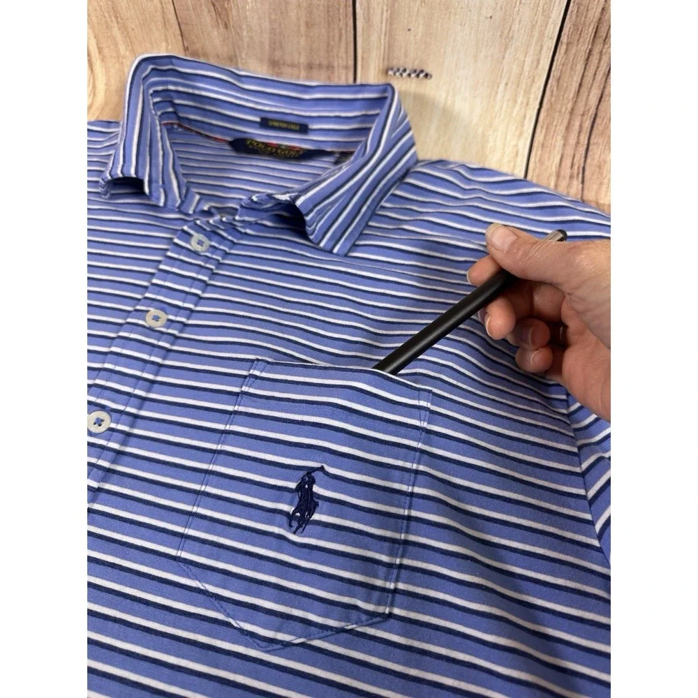 Polo Golf Ralph Lauren Polo Shirt Stretch Men Short‎ Sleeve Blue Striped LARGE